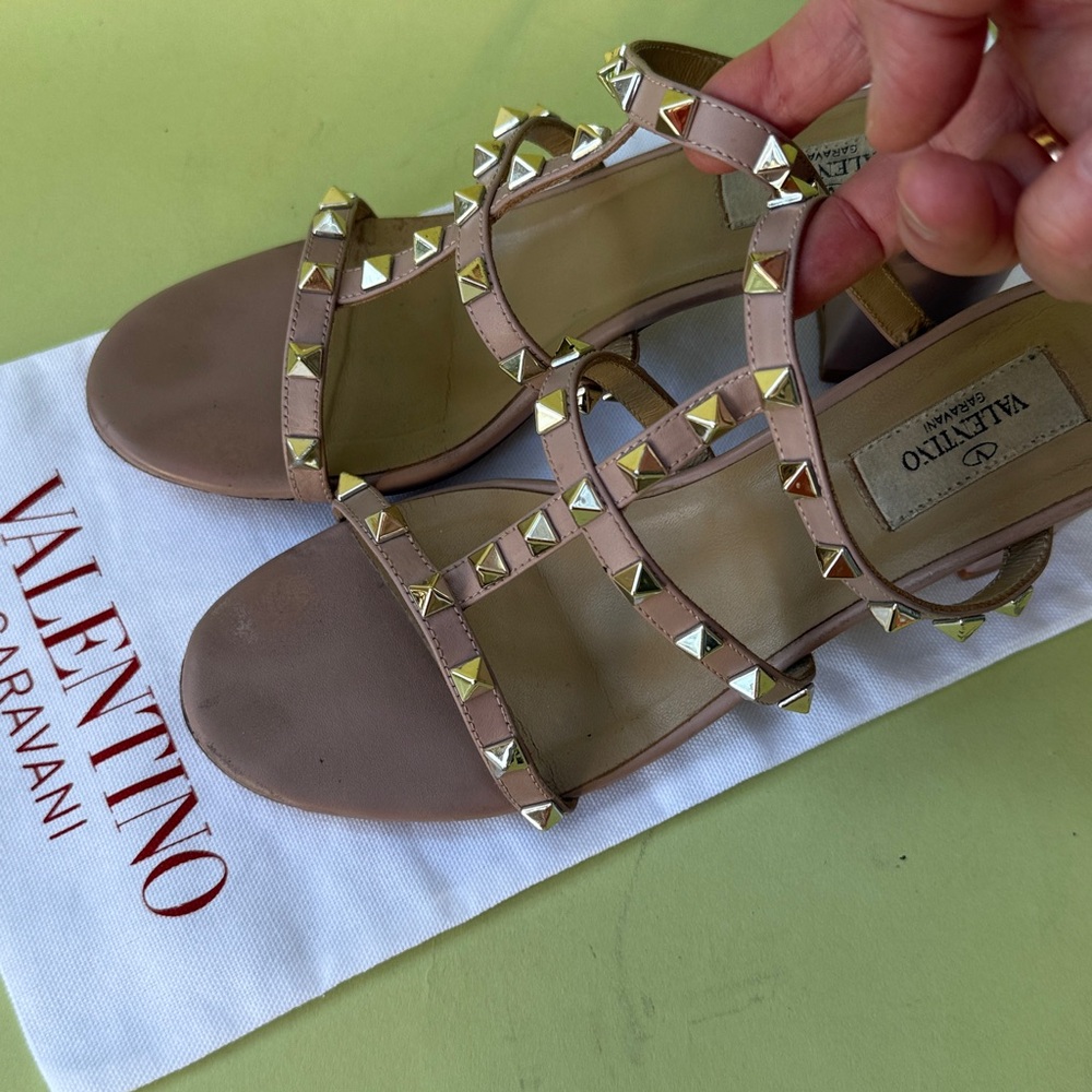 Valentino Garavani Dusty Pink Sandals with Gold Accents and Chunky Heel - Picture 12 of 15